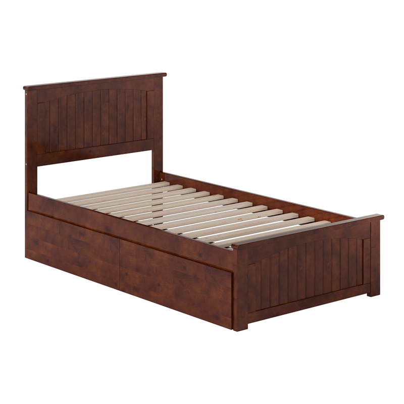 Nantucket Twin Wood Platform Bed with Matching Footboard and Drawers in Walnut