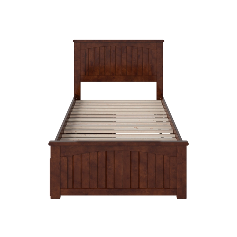 Nantucket Twin Wood Platform Bed with Matching Footboard and Drawers in Walnut
