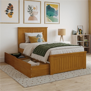 Nantucket Twin Platform Bed with Matching Footboard and Drawers in Light Toffee