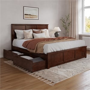Madison King Wood Platform Bed with Matching Footboard and Drawers in Walnut