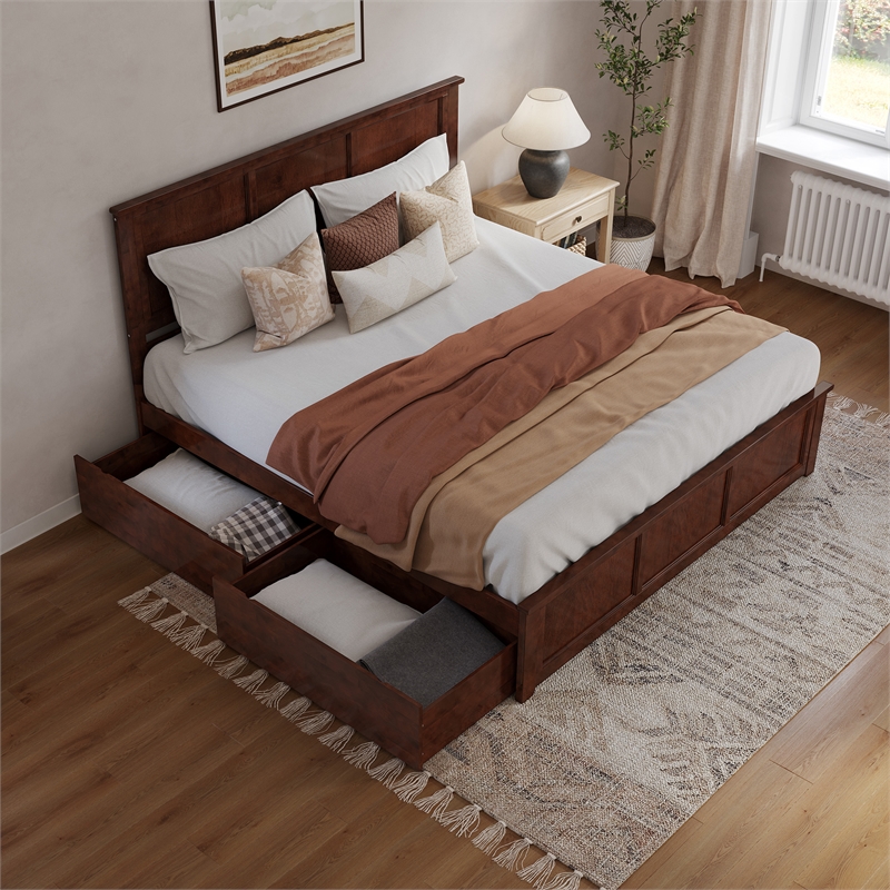 Madison King Wood Platform Bed with Matching Footboard and Drawers in Walnut