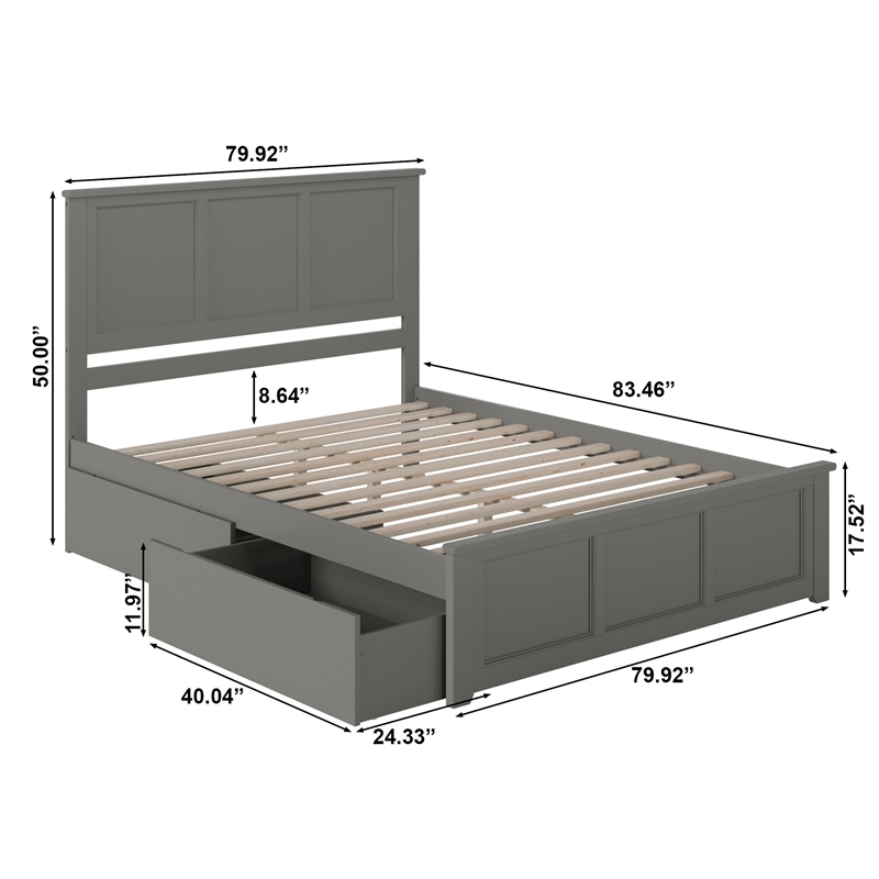 Madison King Platform Bed with Matching Footboard and Storage Drawers in Grey