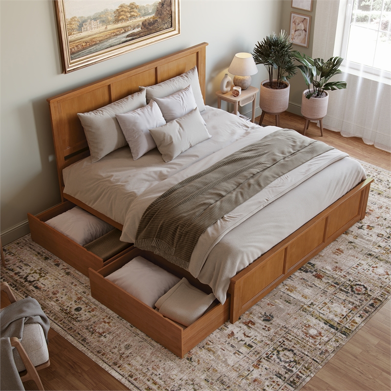 Madison King Platform Bed with Matching Footboard and Drawers in Light Toffee