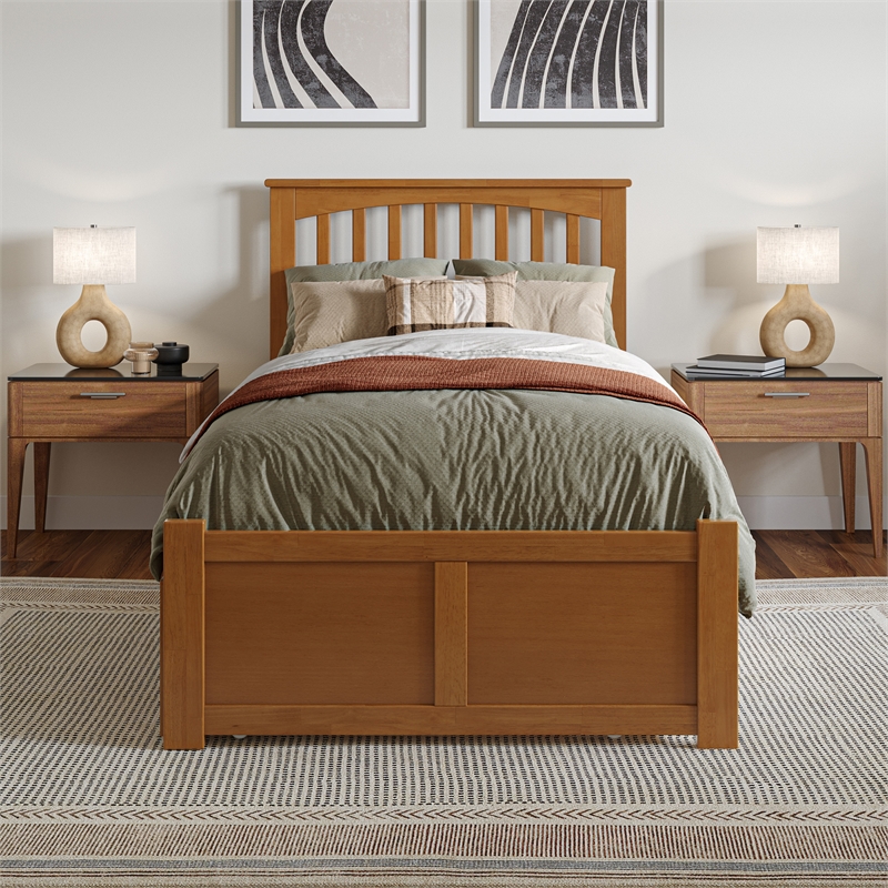 Mission Twin XL Wood Platform Bed with Footboard and TXL Trundle in Light Toffee
