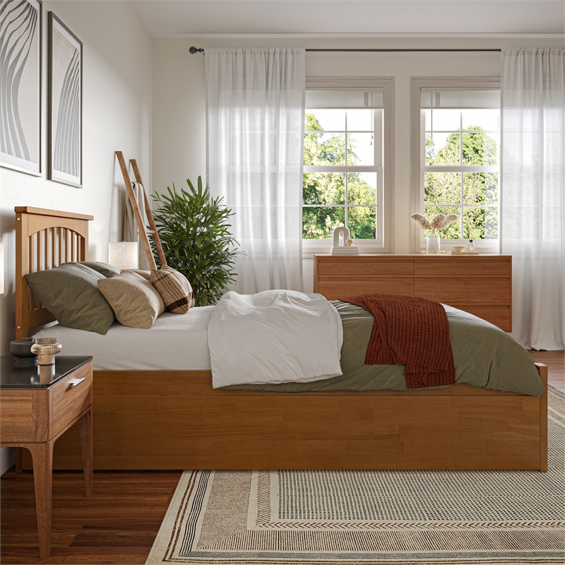 Mission Twin XL Wood Platform Bed with Footboard and TXL Trundle in Light Toffee