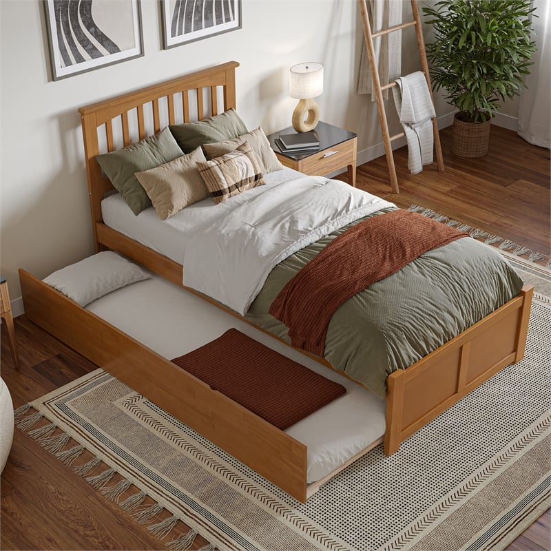 Mission Twin XL Wood Platform Bed with Footboard and TXL Trundle in Light Toffee