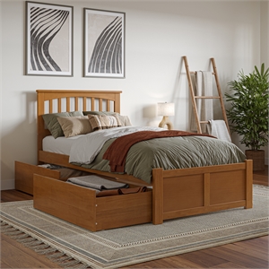 Mission Twin XL Wood Platform Bed with Footboard and Drawers in Light Toffee