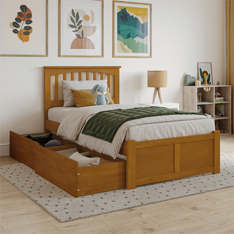 Mission Twin Wood Platform Bed with Footboard & Storage Drawers in Light Toffee