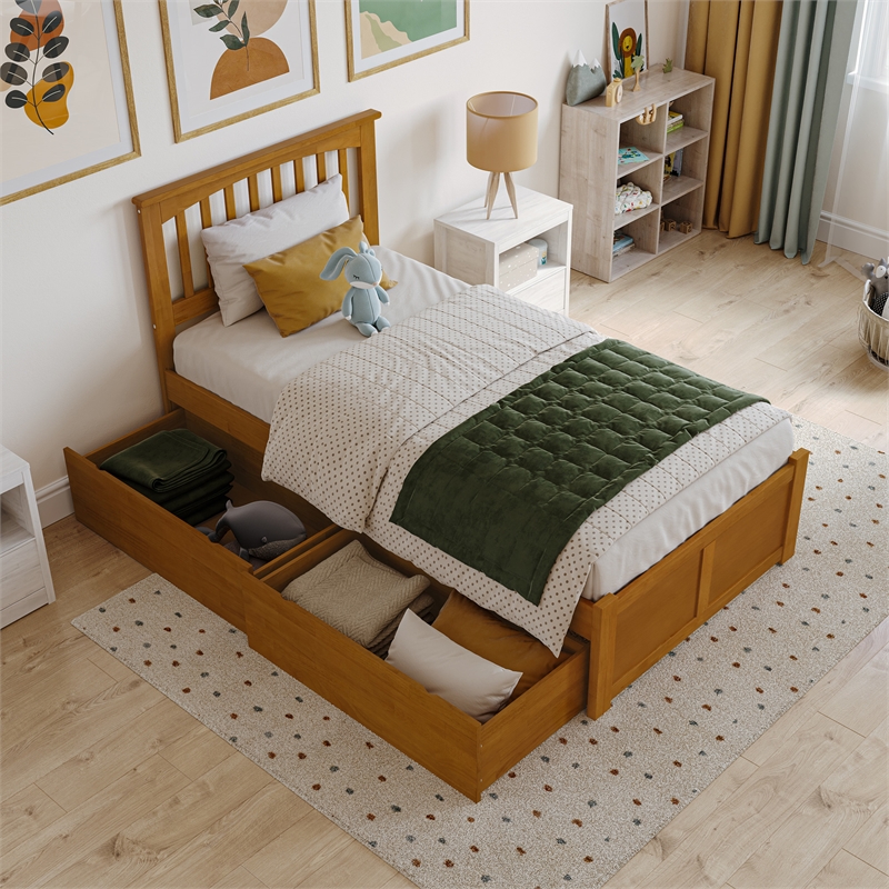 Mission Twin Wood Platform Bed with Footboard & Storage Drawers in Light Toffee