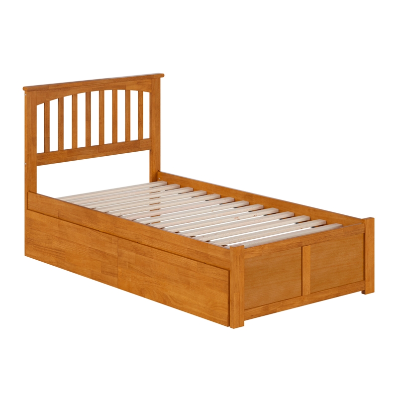 Mission Twin Wood Platform Bed with Footboard & Storage Drawers in Light Toffee