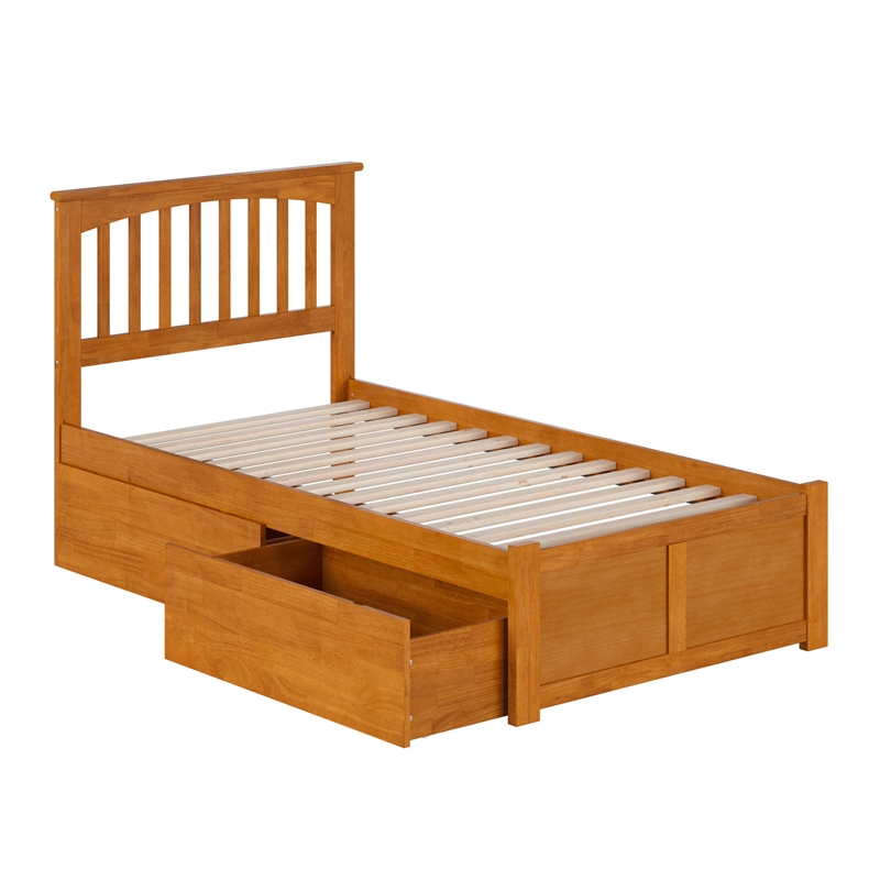 Mission Twin Wood Platform Bed with Footboard & Storage Drawers in Light Toffee