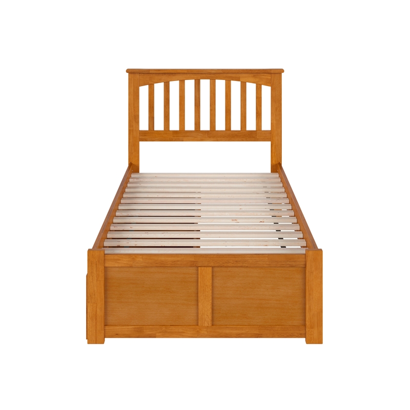 Mission Twin Wood Platform Bed with Footboard & Storage Drawers in Light Toffee