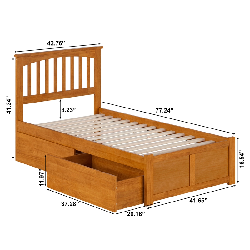 Mission Twin Wood Platform Bed with Footboard & Storage Drawers in Light Toffee