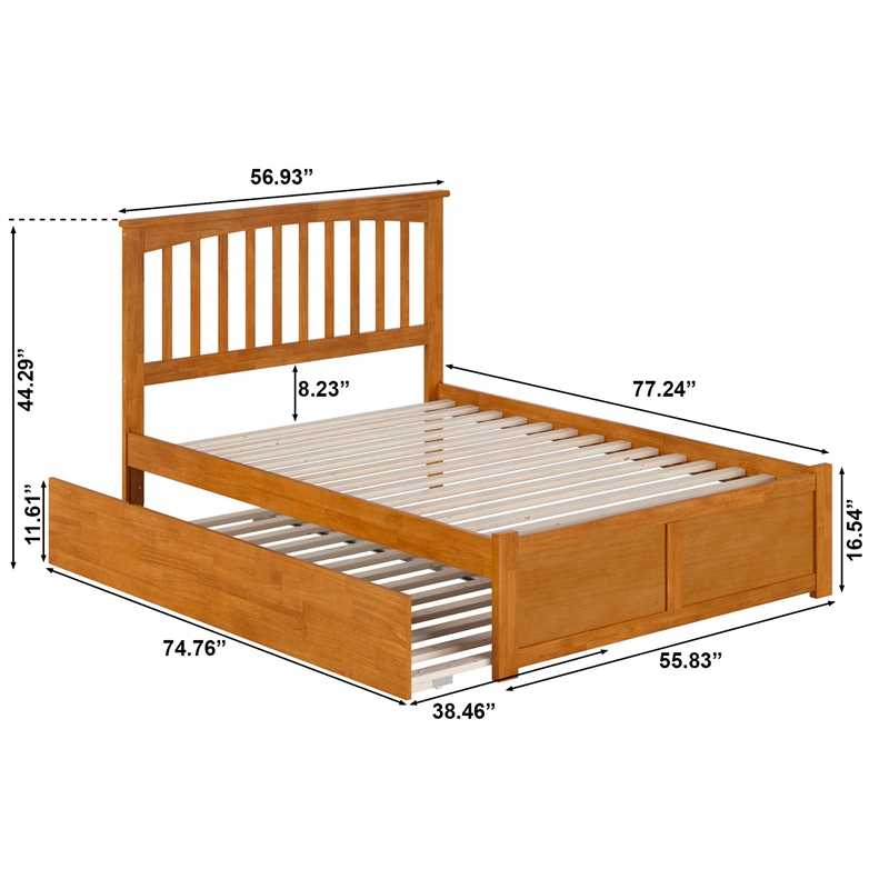 Mission Full Wood Platform Bed with Footboard and Twin Trundle in Light Toffee