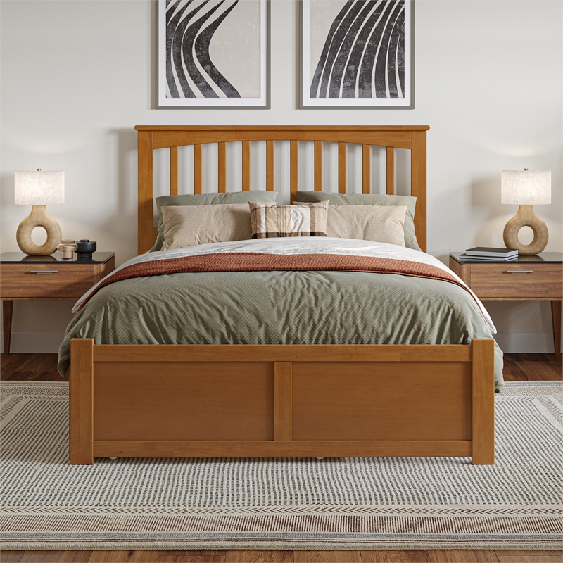 Mission Full Wood Platform Bed with Footboard and Twin Trundle in Light Toffee