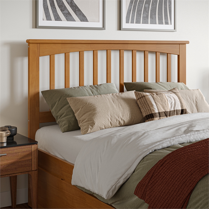 Mission Full Wood Platform Bed with Footboard and Twin Trundle in Light Toffee