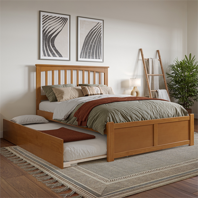 Mission Full Wood Platform Bed with Footboard and Twin Trundle in Light Toffee