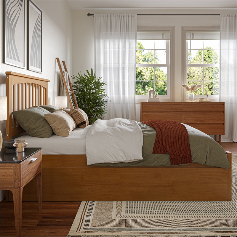 Mission Full Wood Platform Bed with Footboard and Twin Trundle in Light Toffee