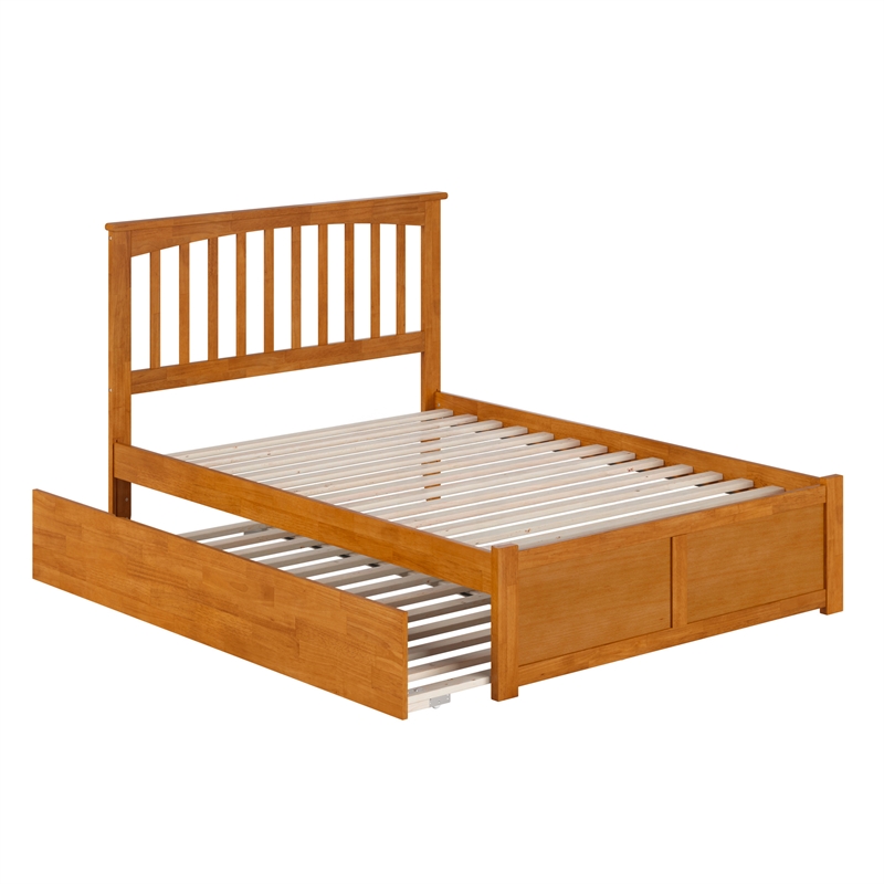 Mission Full Wood Platform Bed with Footboard and Twin Trundle in Light Toffee