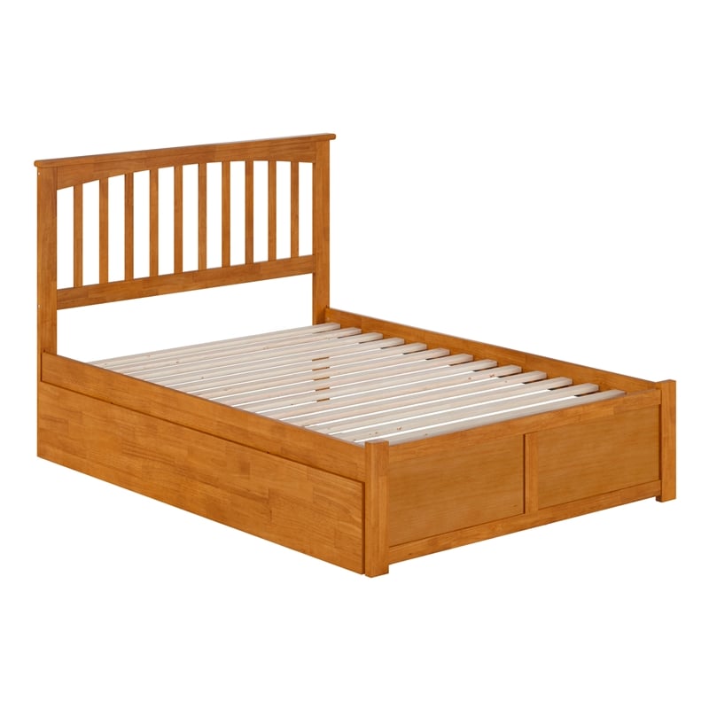 Mission Full Wood Platform Bed with Footboard and Twin Trundle in Light Toffee