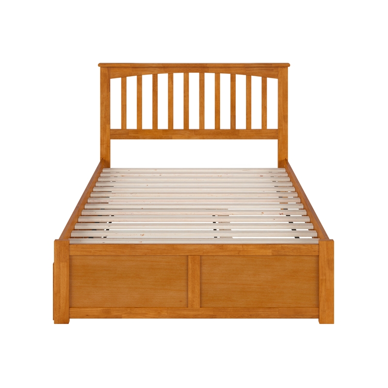 Mission Full Wood Platform Bed with Footboard and Twin Trundle in Light Toffee