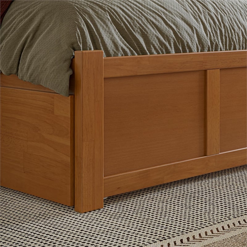 Mission Full Wood Platform Bed with Footboard and Full Trundle in Light Toffee