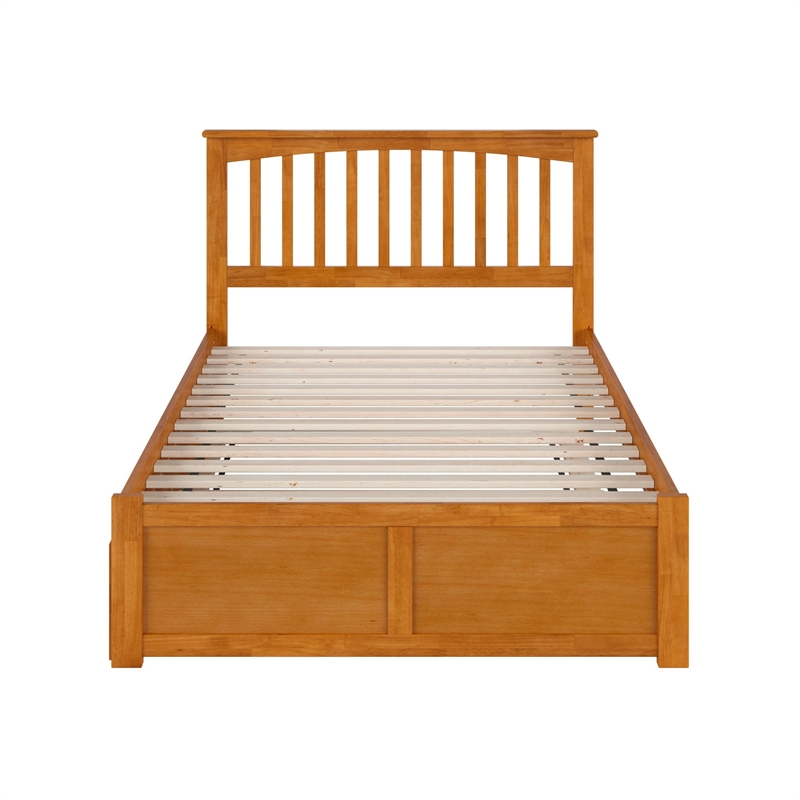 Mission Full Wood Platform Bed with Footboard and Full Trundle in Light Toffee