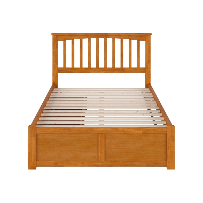 Mission Full Wood Platform Bed with Footboard & Storage Drawers in Light Toffee