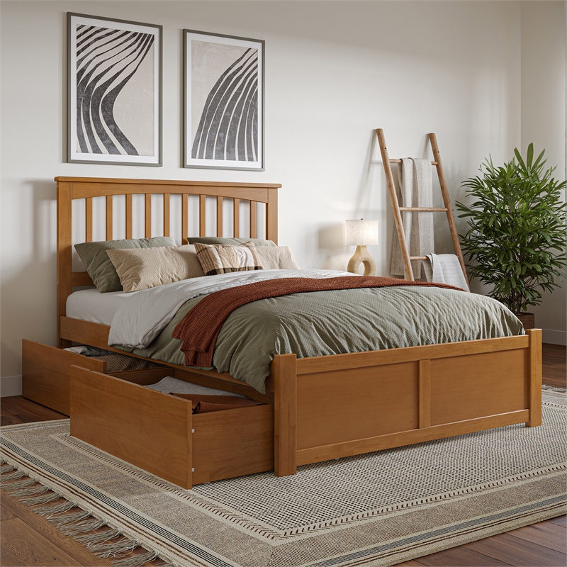 Mission Full Wood Platform Bed with Footboard & Storage Drawers in Light Toffee
