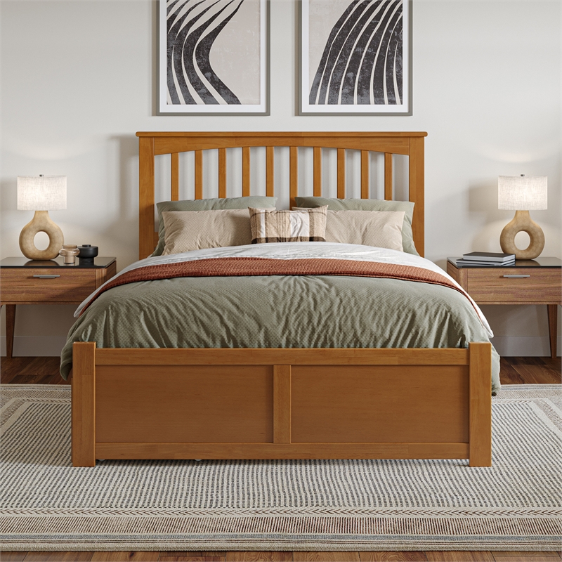 Mission Full Wood Platform Bed with Footboard & Storage Drawers in Light Toffee