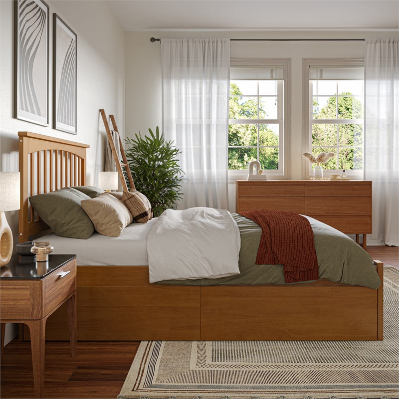 Mission Full Wood Platform Bed with Footboard & Storage Drawers in Light Toffee