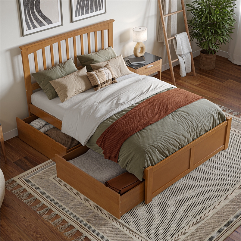 Mission Full Wood Platform Bed with Footboard & Storage Drawers in Light Toffee