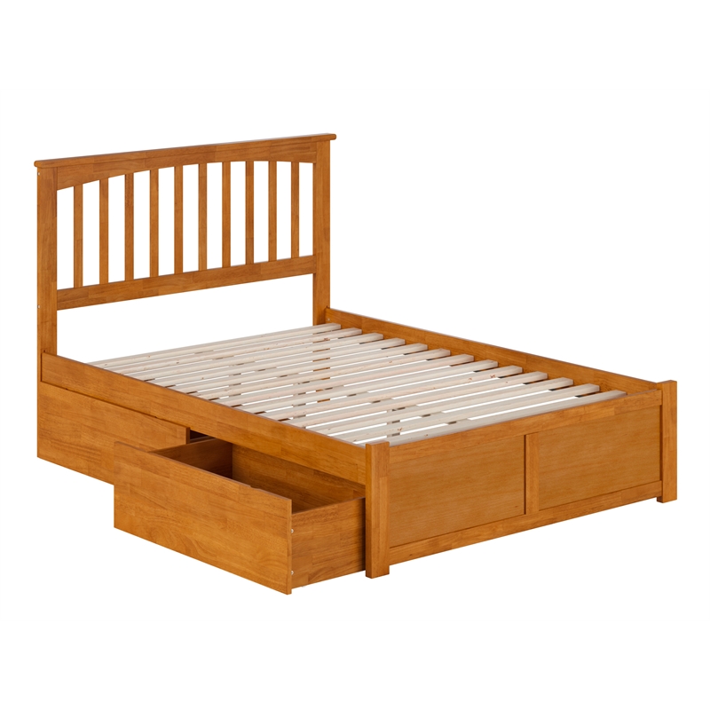Mission Full Wood Platform Bed with Footboard & Storage Drawers in Light Toffee