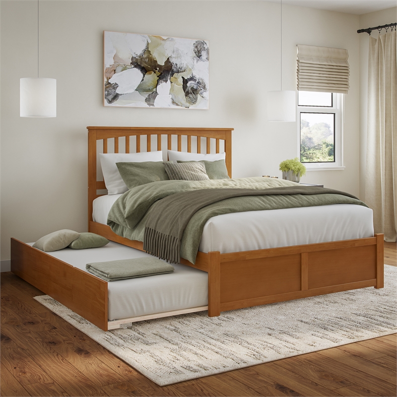 Mission Queen Wood Platform Bed with Footboard and TXL Trundle in Light Toffee