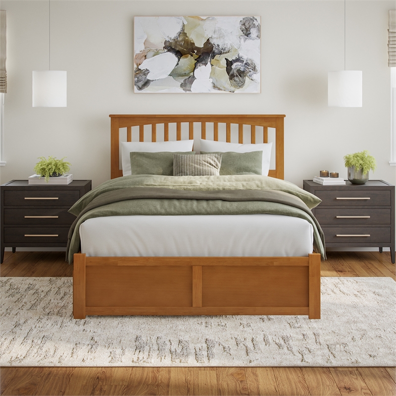 Mission Queen Wood Platform Bed with Footboard and TXL Trundle in Light Toffee