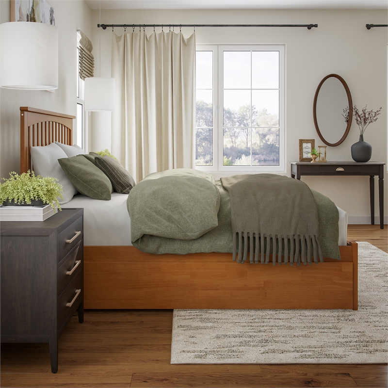 Mission Queen Wood Platform Bed with Footboard and TXL Trundle in Light Toffee