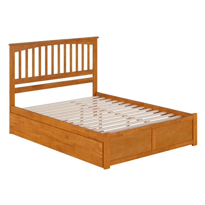 Mission Queen Wood Platform Bed with Footboard and TXL Trundle in Light Toffee