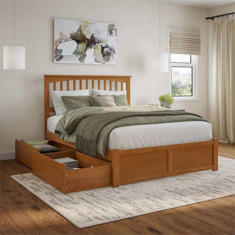 Mission Queen Wood Platform Bed with Footboard and Drawers in Light Toffee