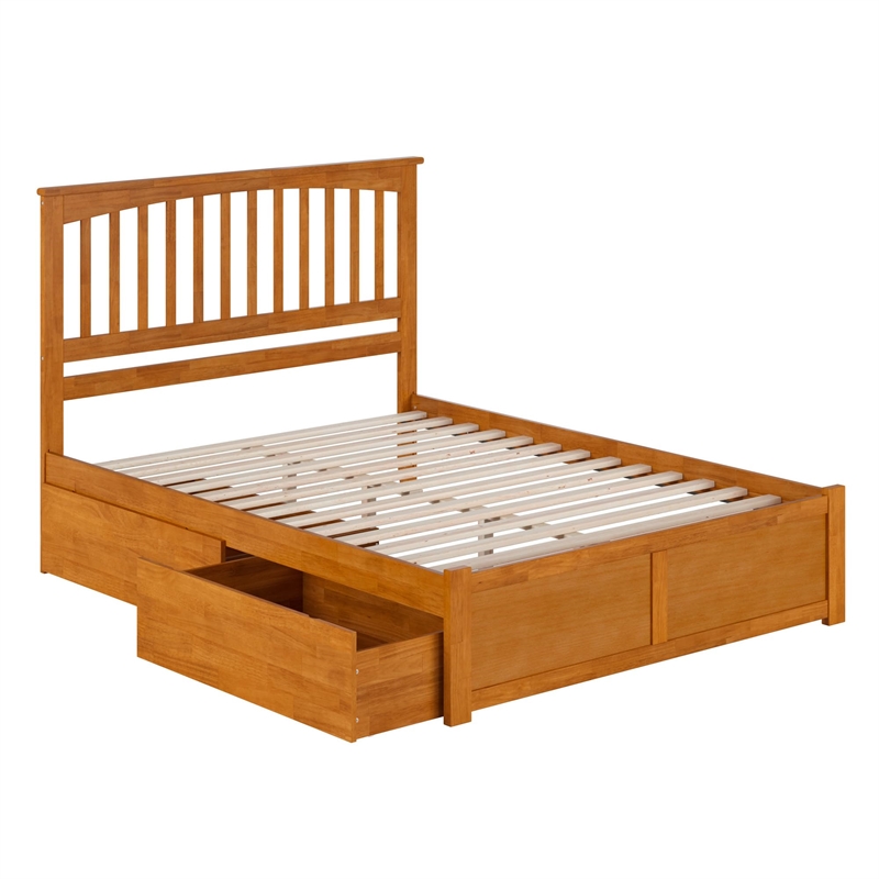 Mission Queen Wood Platform Bed with Footboard and Drawers in Light Toffee