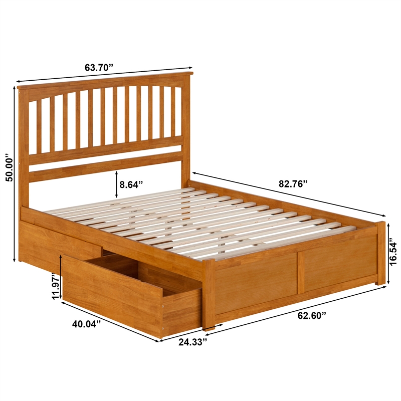 Mission Queen Wood Platform Bed with Footboard and Drawers in Light Toffee