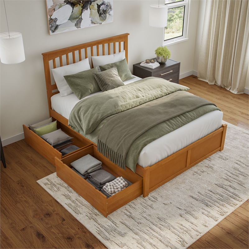Mission Queen Wood Platform Bed with Footboard and Drawers in Light Toffee