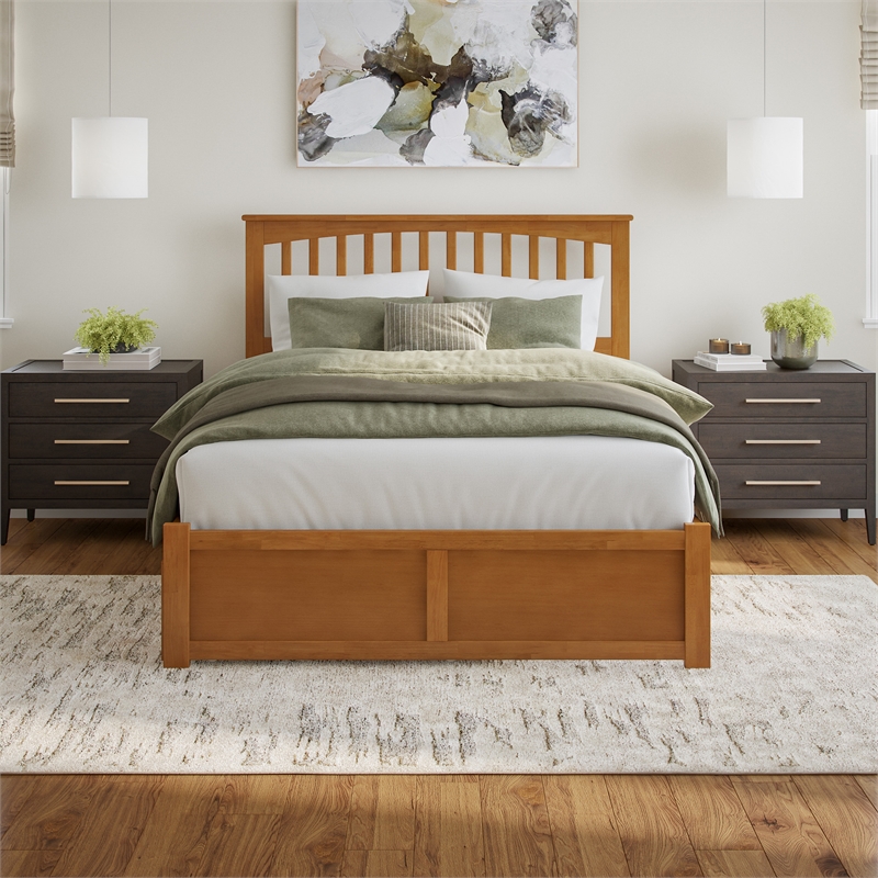Mission Queen Wood Platform Bed with Footboard and Drawers in Light Toffee