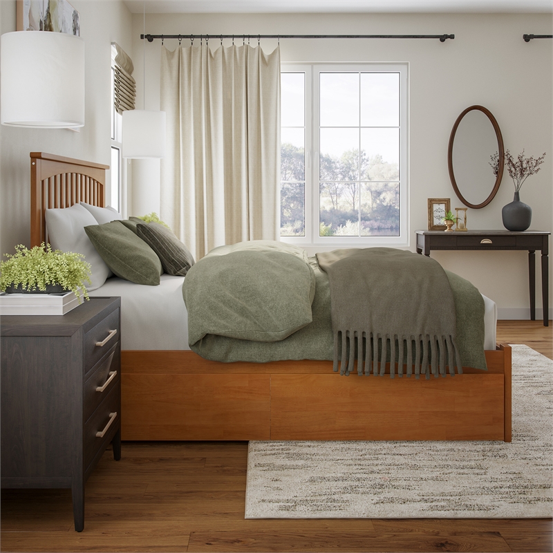 Mission Queen Wood Platform Bed with Footboard and Drawers in Light Toffee