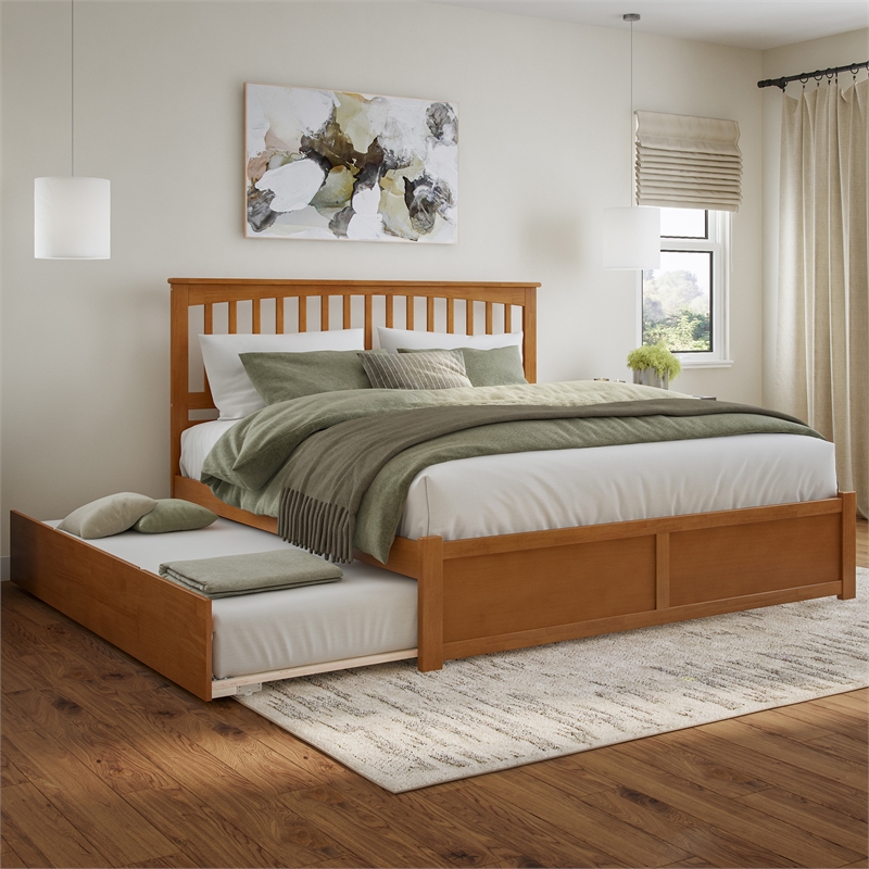 Mission King Wood Platform Bed with Footboard and TXL Trundle in Light Toffee