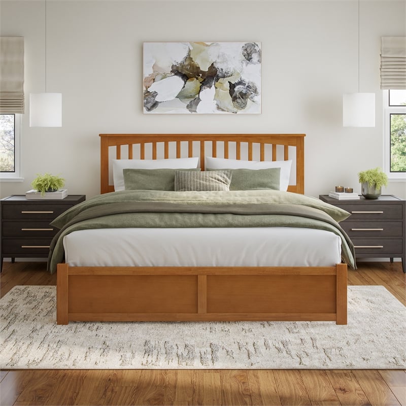 Mission King Wood Platform Bed with Footboard and TXL Trundle in Light Toffee