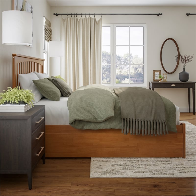 Mission King Wood Platform Bed with Footboard and TXL Trundle in Light Toffee
