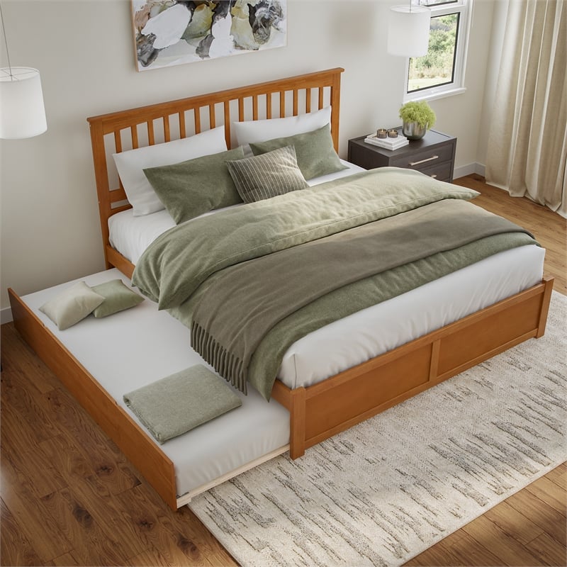 Mission King Wood Platform Bed with Footboard and TXL Trundle in Light Toffee