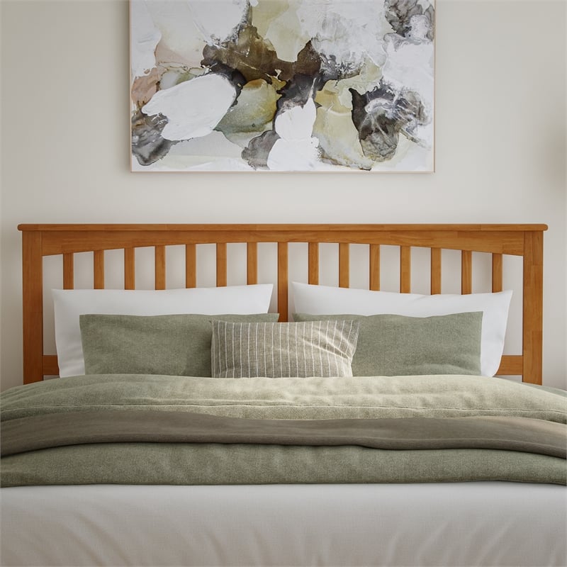 Mission King Wood Platform Bed with Footboard and TXL Trundle in Light Toffee
