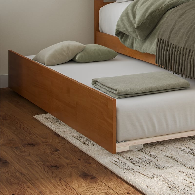 Mission King Wood Platform Bed with Footboard and TXL Trundle in Light Toffee