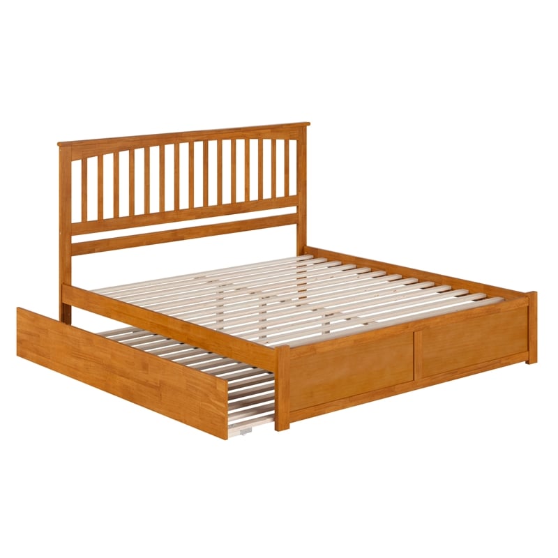 Mission King Wood Platform Bed with Footboard and TXL Trundle in Light Toffee